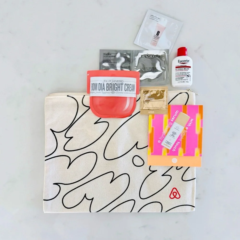 Airbnb Natural Canvas Make-Up & Cosmetic Toiletry Go Bag BUNDLE, Travel Samples